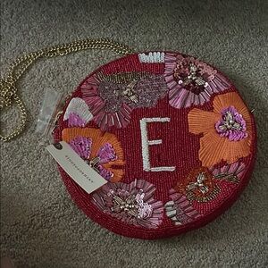 Anthropologie Red Beaded Floral Crossbody Bag